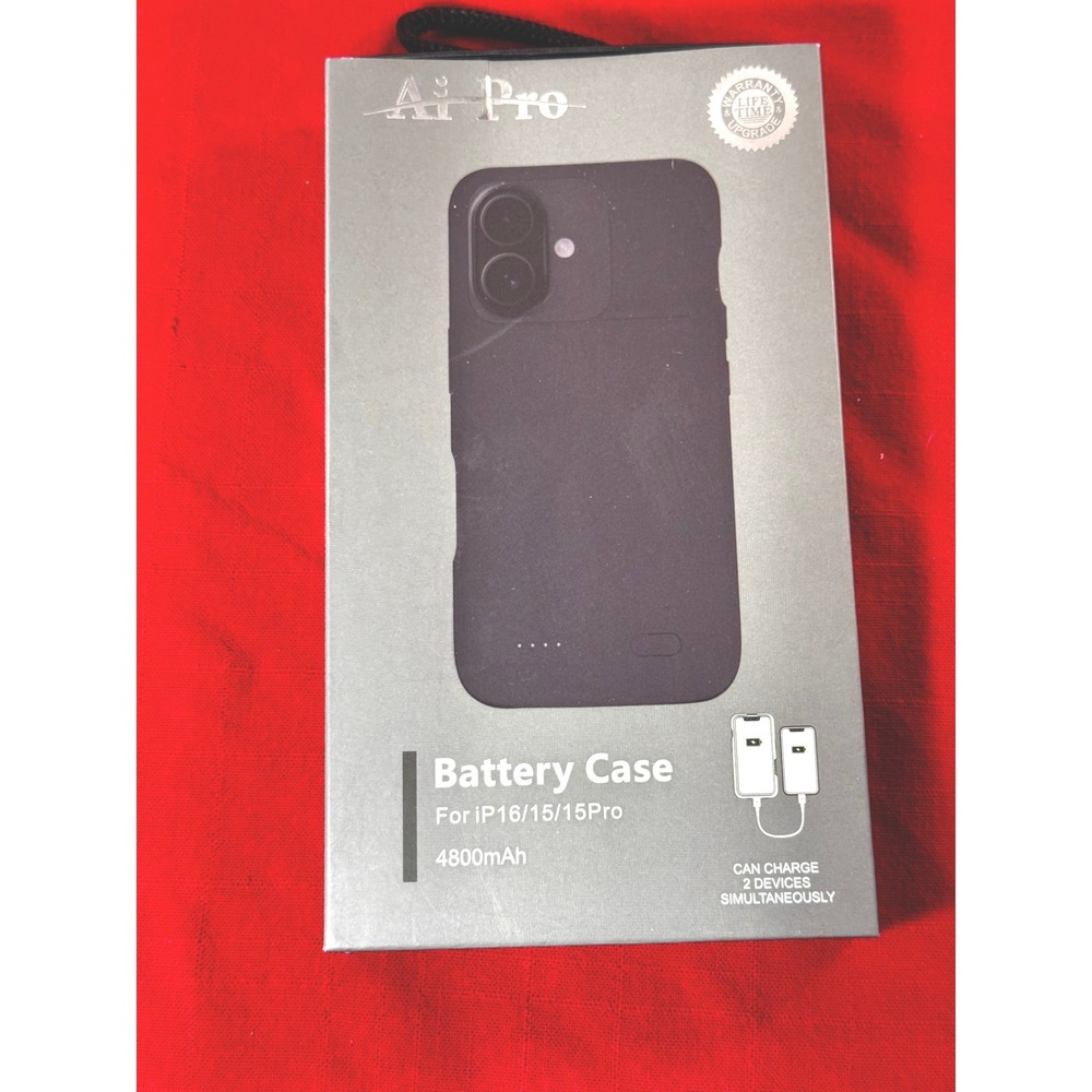 AiPro 4800mAh Battery Case for iPhone 16 15 15 Pro Black Slim Charging Cover